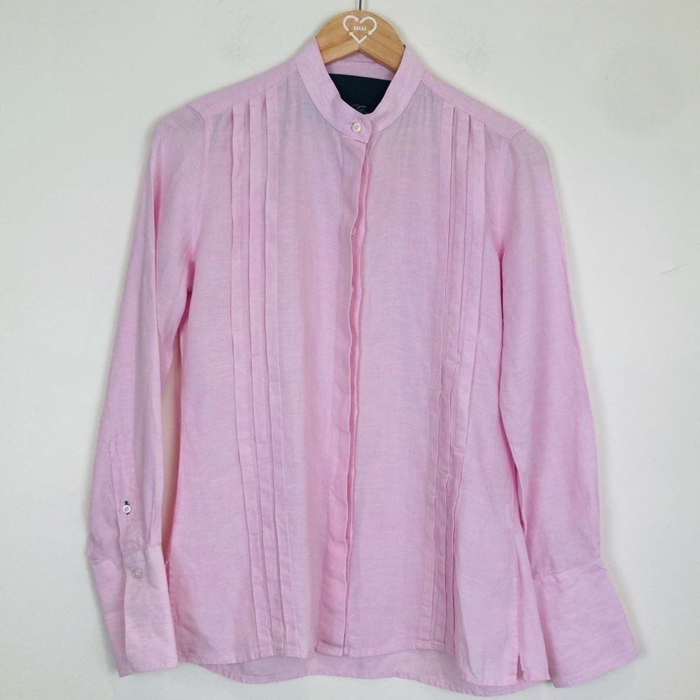 Clarigde & King linen pastel pink pleated mandarin collar button front top. S